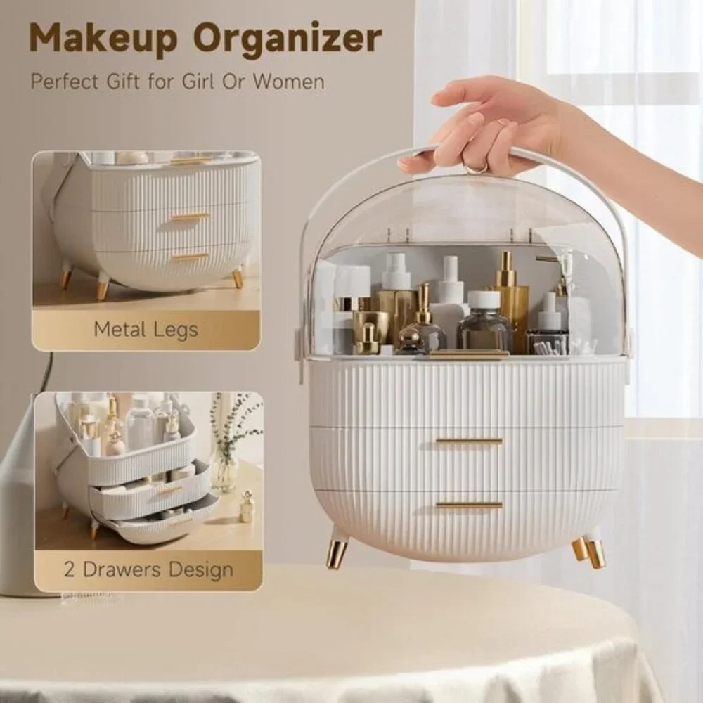 New Makeup Storage Organizer with Lid, Waterproof Vanity Box for Skincare, White